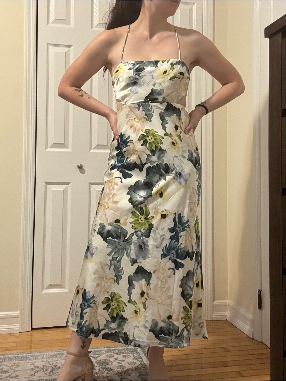 Petal & Pup Cream Floral Midi Slip Dress with Green and Blue Accents